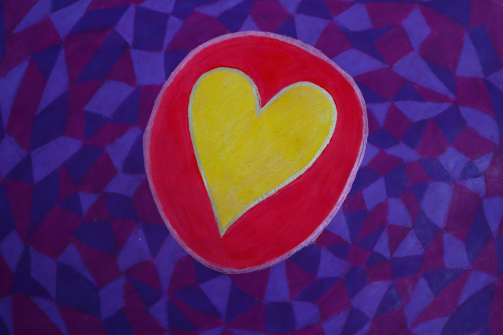 Large heart in circle against geometric purple textured background.