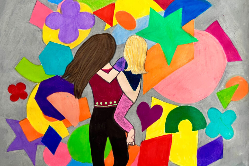 Illustration of the author and her toddler daughter gazing into a sea of colorful shapes.