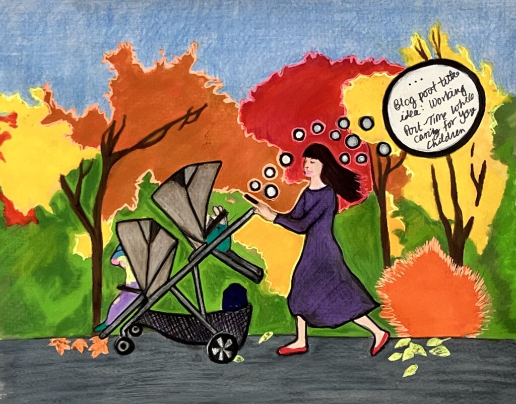 Illustration of the artist pushing a double stroller with colorful autumn foliage in the background