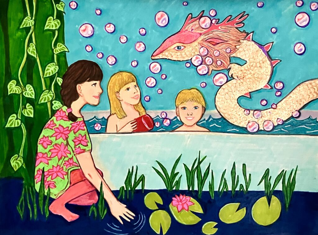 Surreal illustration of the author giving her two toddlers a bath, with a magical environment of vines, lily pads, bubbles, and a dragon