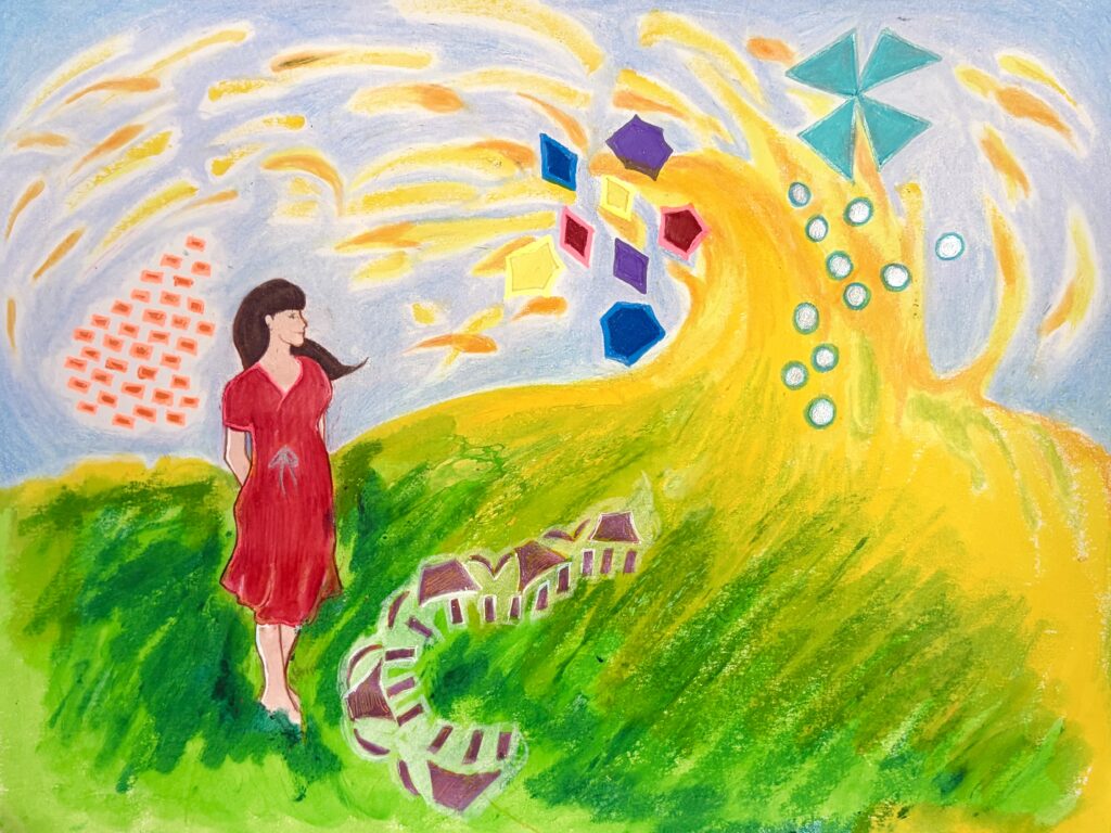 Illustration of the artist standing in a bright, grassy field looking at a constellation of brightly colored shapes
